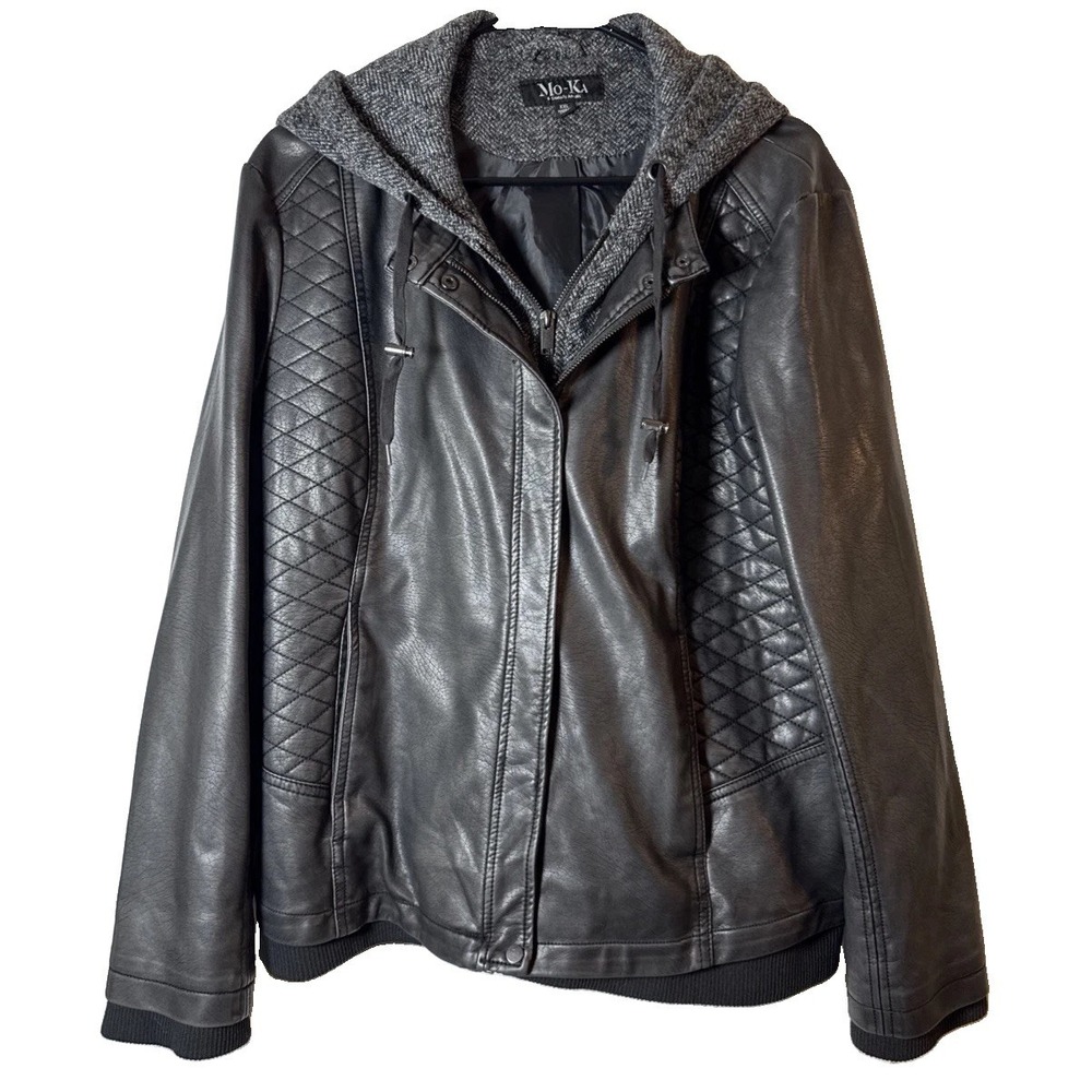 No-KA Santa Fe Faux Leather Moto Jacket Hooded Quilted Black Women's XXL